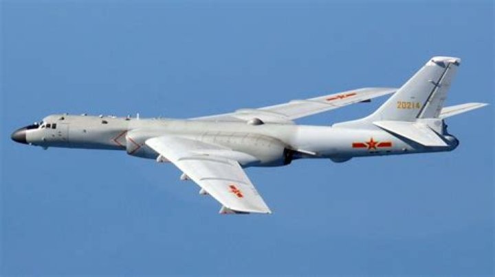 A Chinese&nbsp;Xian H-6 bomber is pictured in the skies over the Taiwan Strait, amid huge military drills effectively blockading the island