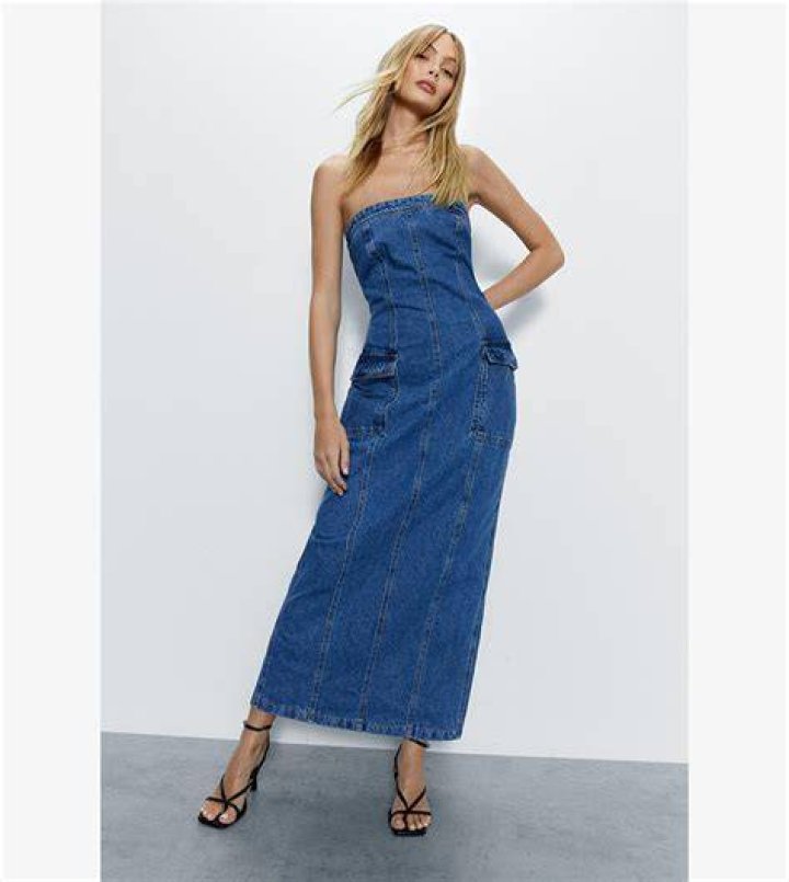 Bandeau Denim Cargo Maxi Dress - Warehouse