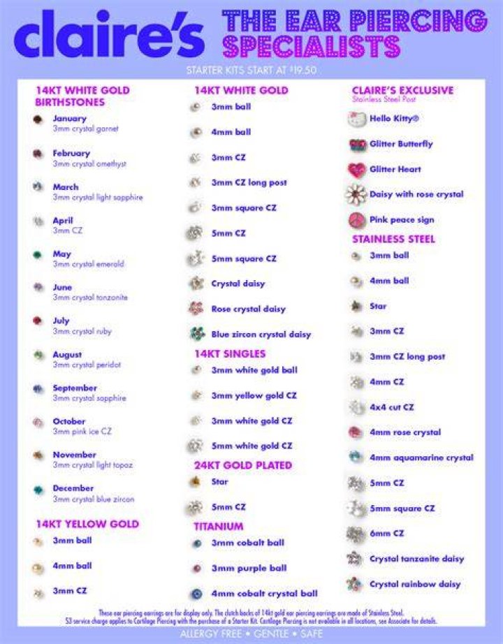 Claires Ear Piercing Chart