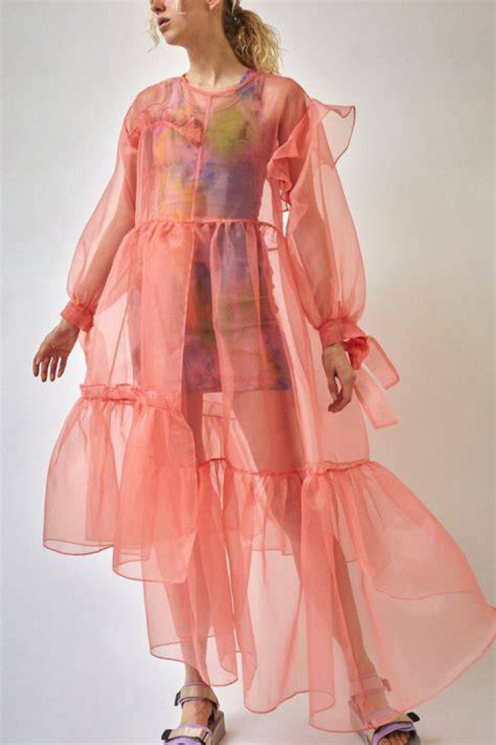 Colorful: The sheer dress barely reached her thighs and had a face drawn over her midriff. It also had dark crimson lines accentuating her hourglass figure