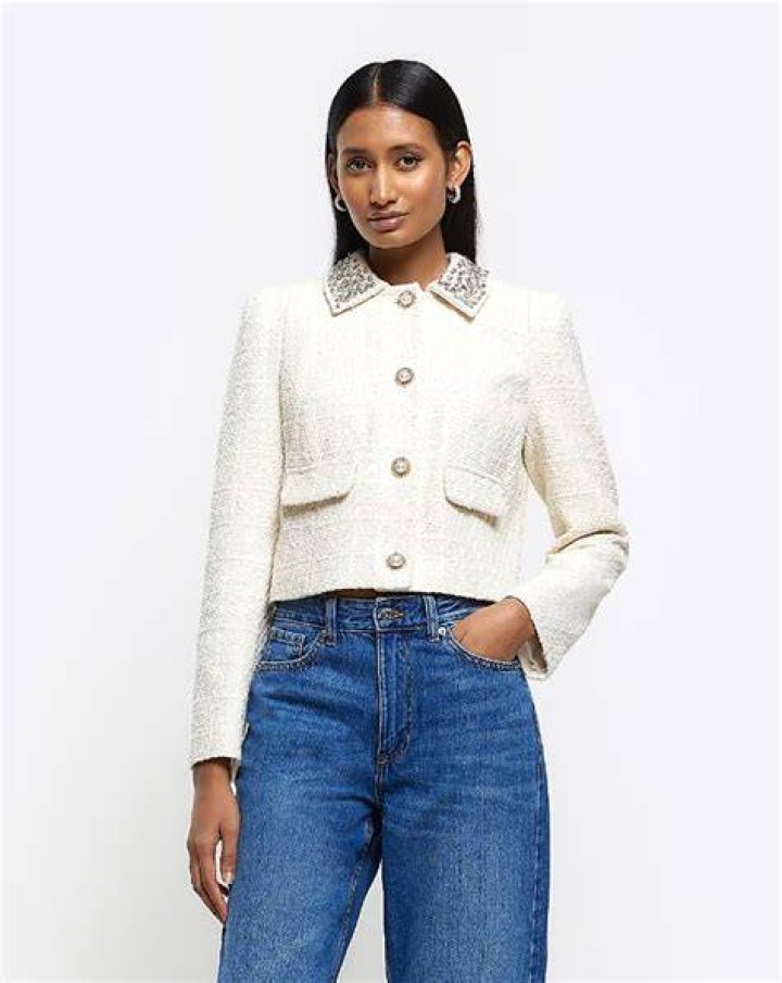 Cream Embellished Collar Crop Jacket - River Island