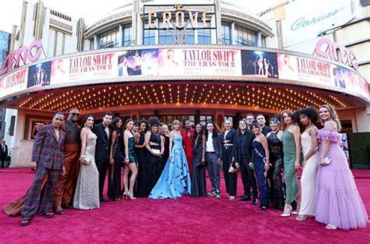 Eras Tour film premiere: Even during the premiere night of her tour film about two weeks earlier, she donned an Oscar de la Renta baby blue gown and eyeshadow as well as her signature, bold red lip