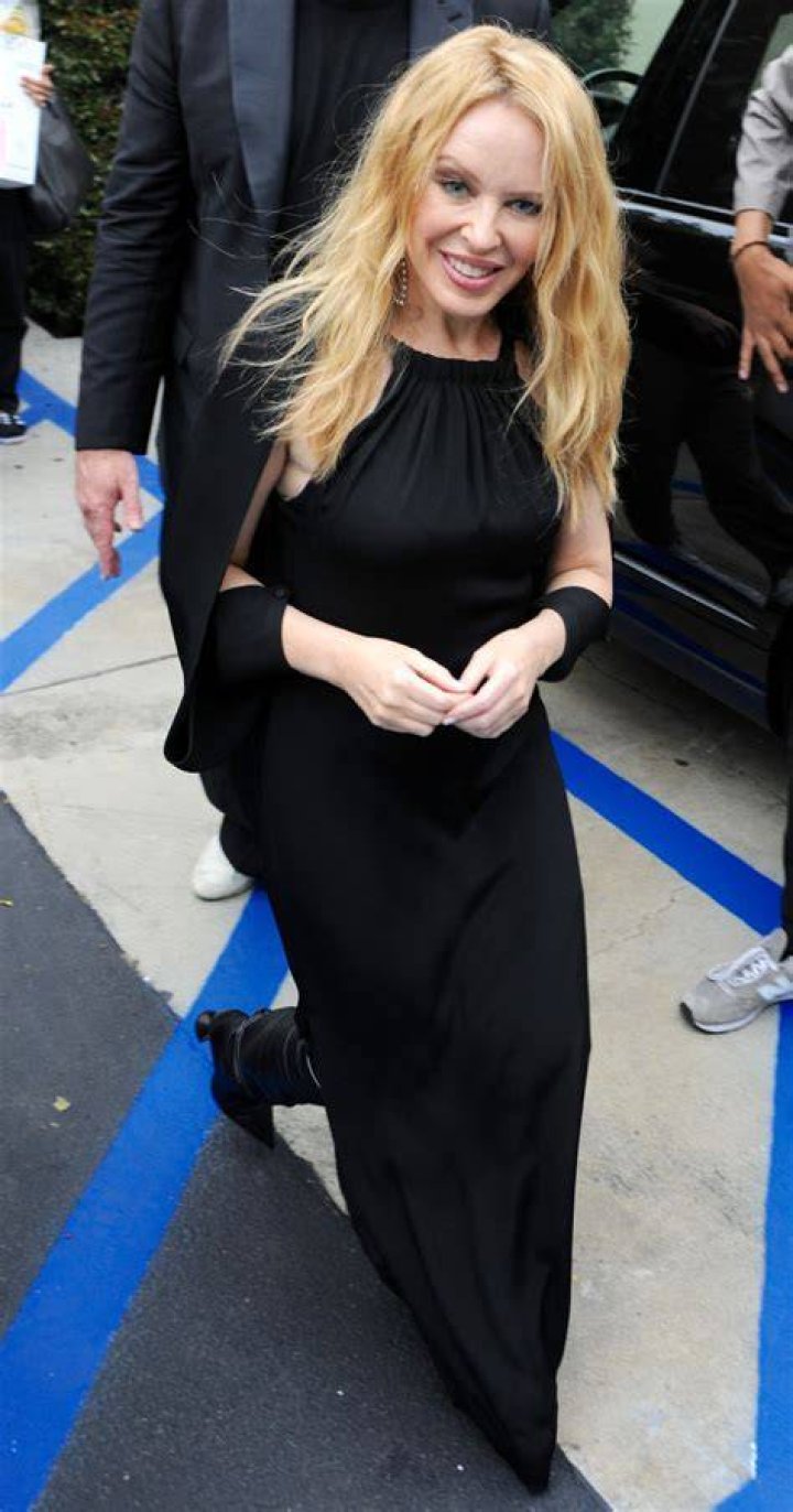 Kylie Minogue in a black and white dress