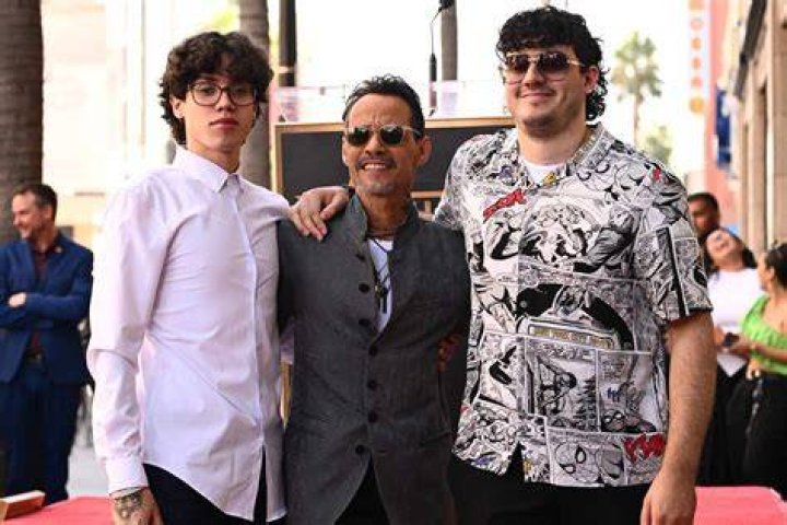 Marc Anthony poses with his sons Ryan Adrian Mu&ntilde;iz (L) and Cristian Marcus Mu&ntilde;iz during the ceremony for his star on the Hollywood Walk of Fame in Hollywood, California on September 7, 2023