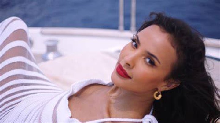 Maya Jama on yacht in blue bikini