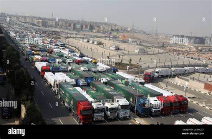 PHOTO: Aid convoy trucks wait at the Rafah border crossing for clearance to enter Gaza on Oct. 19, 2023 in North Sinai, Egypt.