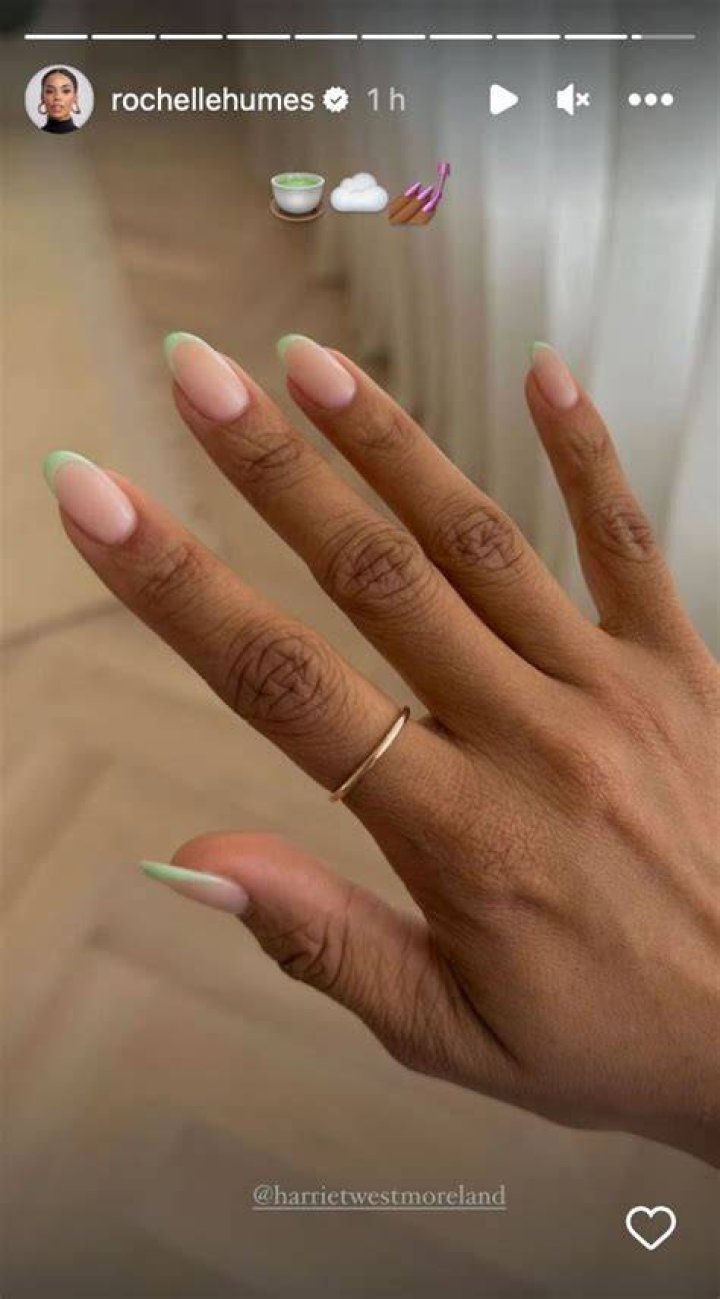 Rochelle Humes manicure with green tips by Harriet Westmoreland