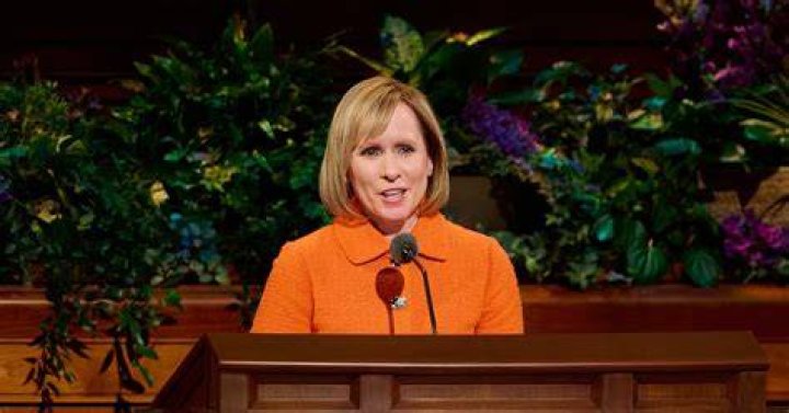 Sister Amy A. Wright speaks about the annual Light the World Giving Machine initiative at the Conference Center.