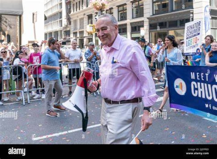 U.S. Senator Chuck Schumer marches during the 2022 New York City Pride March on June 26, 2022 in New York City.